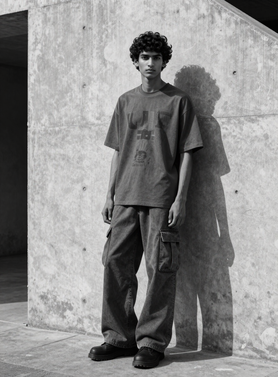 Sharp streetwear editorial in a concrete setting