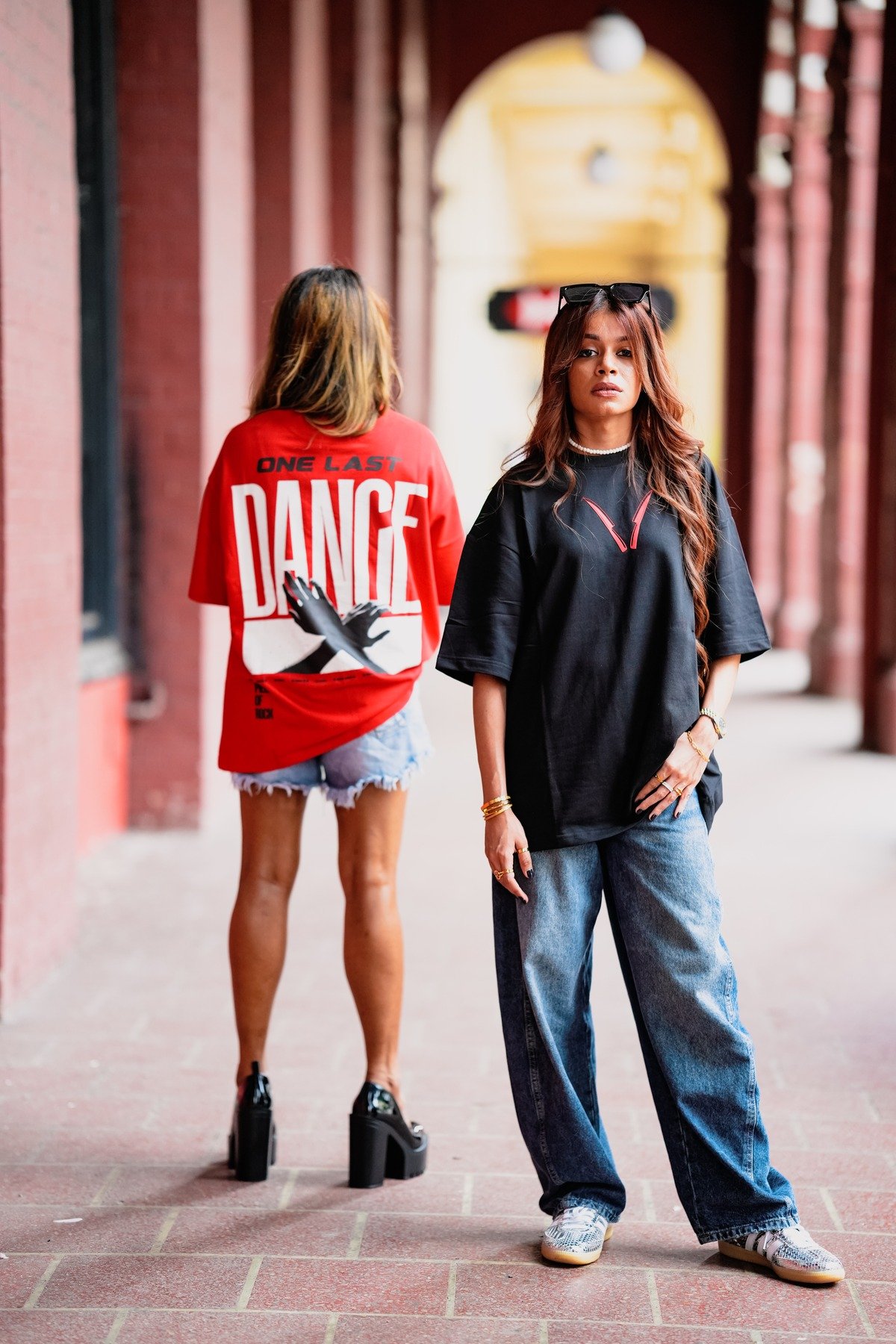 Look 02: Everyday Rebellion — Red statement tee and One Last Dance graphic tee